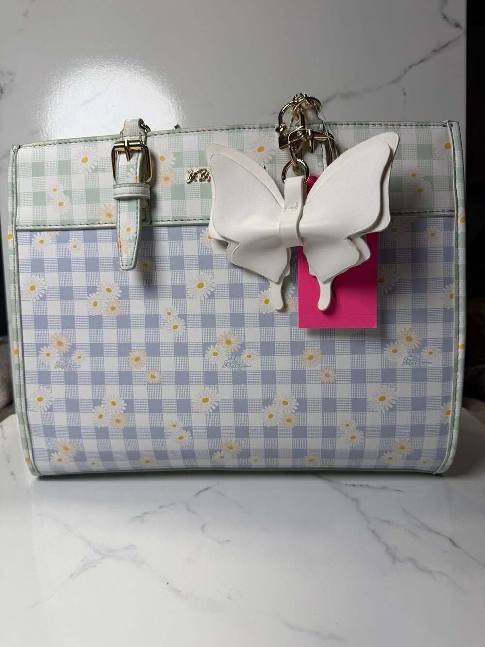 Betsey Johnson Gingham Daisy Floral Tote Bag with Butterfly Charm